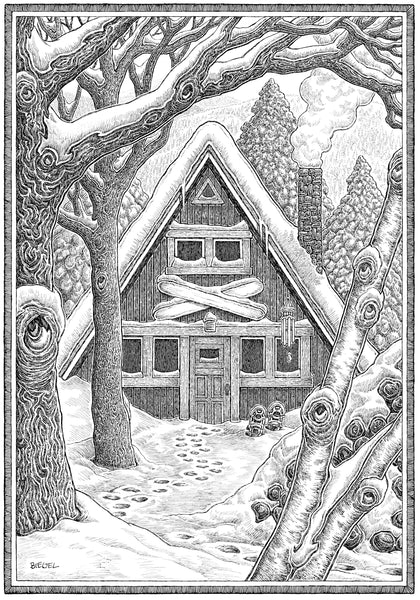 Hand-drawn Holiday Greeting Card of an A-Frame home in the woods covered with snow.