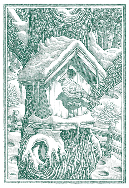 winter birdhouse greeting card with cardinal