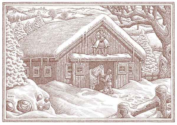 Winter Horse Barn holiday greeting card design from Vermont Greeting Cards by Mike Biegel