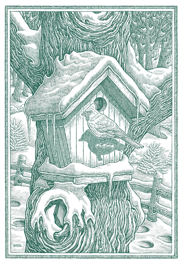 Winter Birdhouse with Northern Cardinal hand drawn holiday card