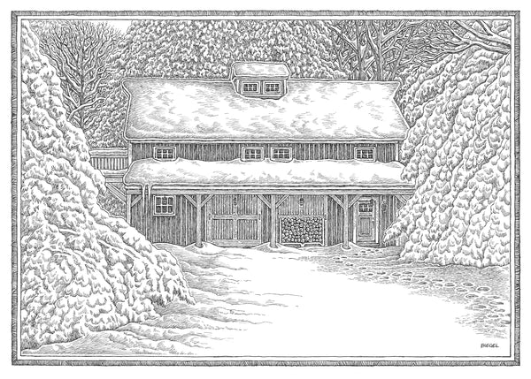 hand drawn house portrait of a man cave in Lyme, New Hampshire