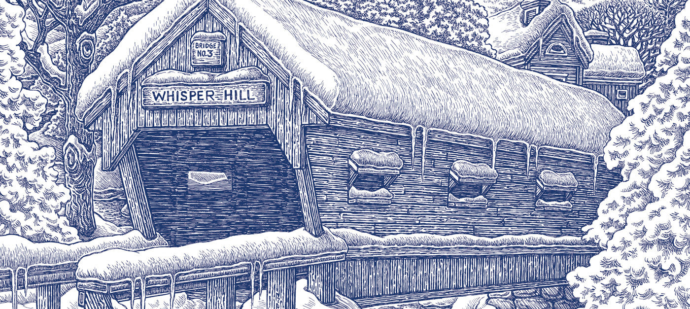 winter covered bridge line drawing holiday card