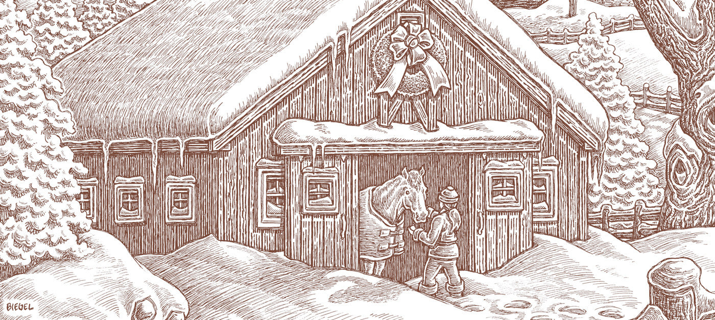 open barn doors with horse in winter time
